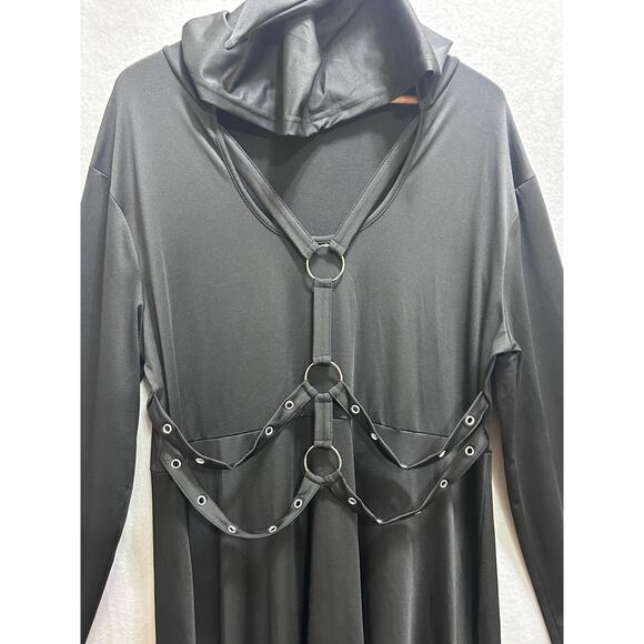 Gothic Cape Dress 2XL Black Hooded Cage Grommet Style Long Sleeve Witchy Emo - Picture 3 of 9